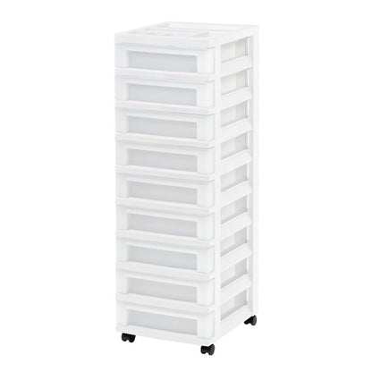 Nine-drawer narrow plastic storage cabinet with top organizer shelf, white.