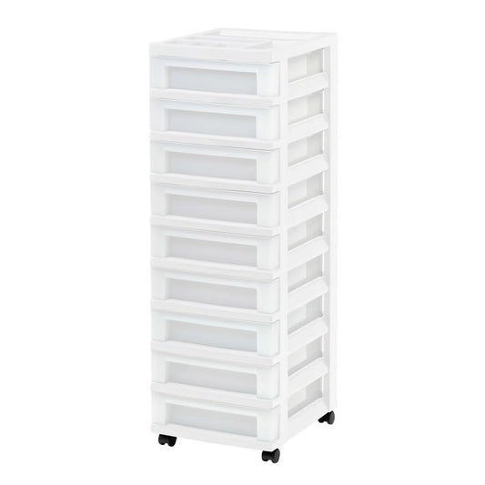 Nine-drawer narrow plastic storage cabinet with top organizer shelf, white.