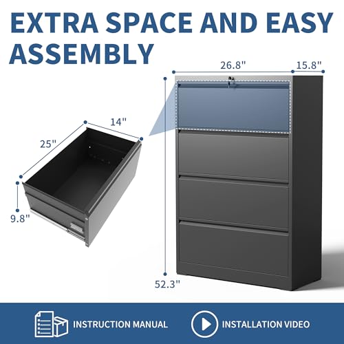 4 Drawer File Cabinet with Lock, Metal Lateral Filing Cabinets - color: Black, size: 4 Drawer_ 26"W