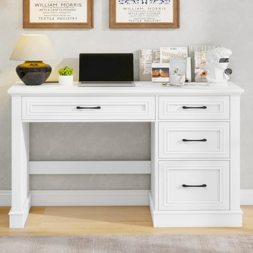 Vabches Farmhouse 47" Executive Desk with Charging Station, Cream White | Computer Desk with Drawers, Workstation Computer Desk with File Drawer for Home Office,Study. - color: Cream White