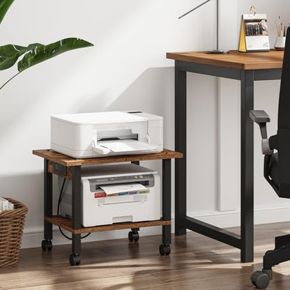 TUTOTAK Printer Stand, 2 Tier Rolling Printer Cart with Charging Station | Small Under Desk Printer Table with Wheels for Small Space, Office, Home, Brown PS01BB001P - color: Brown, size: 2 tier(18.9 x 11.8 x 15.4inchs)