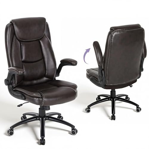 300lbs Capacity Executive Desk Chair Set of 2 with Ergonomic Lumbar Support, Flip-up Arms & High Back Leather Computer Chair for Home/Office, Brown - color: Brown, size: Set of 2