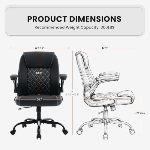 Executive Office Chair with Lumbar Support & Flip-up Arms, Black | Ergonomic Desk Chair, 90–115° Tilt & Rocking, 20.1" Wide Seat, PU Leather, for Home Offices & Conference Rooms, 300Lbs - color: Black