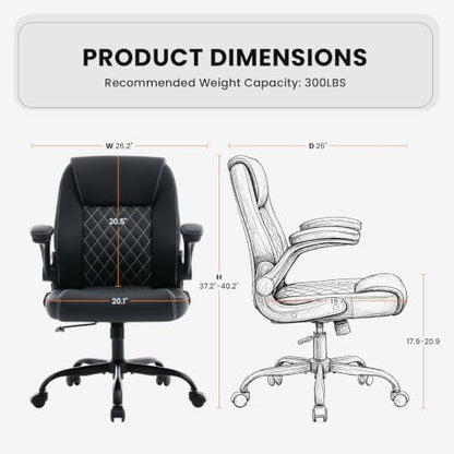 Executive Office Chair with Lumbar Support & Flip-up Arms, Black | Ergonomic Desk Chair, 90–115° Tilt & Rocking, 20.1" Wide Seat, PU Leather, for Home Offices & Conference Rooms, 300Lbs - color: Black
