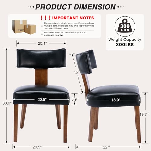 HNY Mid Century Modern Dining Chairs Set of 2, Farmhouse PU Leather Upholstered Accent Chair Curved Backrest Kitchen Chairs, with Hardwood Frame, Black - color: Black Curved