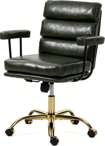 Leather Office Chair with Wheels,Ergonomic Swivel Rolling Task Chair,Padded Seat and Armrests,Adjustable Height Home Desk Chair,Executive Computer Chair, Gold Base Makeup Vanity Chair,Green - color: Green