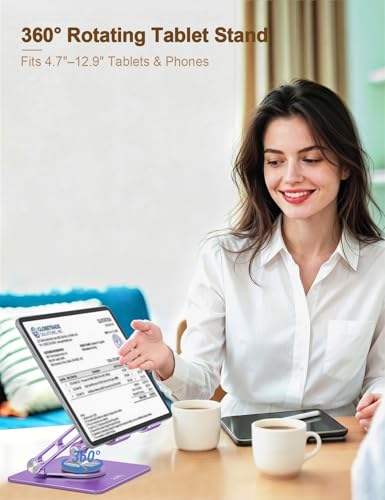 Aoviho Tablet Stand 360° Rotating Aluminum Holder - Adjustable, Portable & Foldable Monitors Stand for iPads, Compatible with 4-13.3" Tablets, Purple - color: Purple