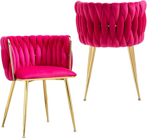 NIOIIKIT Modern Velvet Dining Chairs Hand Weaving Accent Chairs Living Room Chairs Upholstered Side Chair with Golden Metal Legs for Dining Room Kitchen Vanity Living Room (Rosered) - color: Rosered
