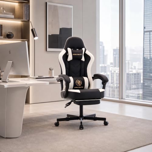 Desk Computer Gaming Chair - High Back Ergonomic Office Chair with Footrest and Lumbar Support, Swivel Comfy Home Gamer Video Game Chairs with Pocket Spring Cushion for Adults (White Leather) - color: Classic White Leather