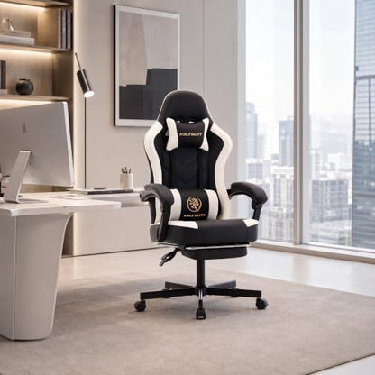 Desk Computer Gaming Chair - High Back Ergonomic Office Chair with Footrest and Lumbar Support, Swivel Comfy Home Gamer Video Game Chairs with Pocket Spring Cushion for Adults (White Leather) - color: Classic White Leather