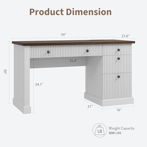 Garvee 54" Fluted Home Office Desk with File Drawer for Home Office - color: White, size: 21.6"D x 54"W x 30"H