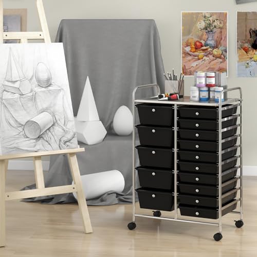 Giantex 15 Drawer Rolling Storage Cart Tools Scrapbook Paper Office School Organizer, Black - color: Black, size: 15 Drawers (5 Big +10 Small)