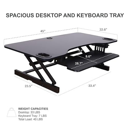 Rocelco 45" Height Adjustable Standing Desk Converter with Premium Dual Monitor Mount and Slide Out Retractable Keyboard Tray - Sit Stand Up Triple Screen Tabletop Riser - Black (R ADRB-45-MA2) - color: Black, size: 45", style: Riser+Premium Dual Mount