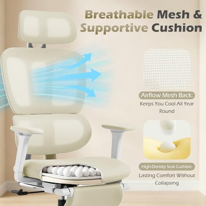 Ergonomic Office Chair with Footrest and Dynamic Lumbar Support, Cream | Reclining high-back computer chair, memory foam seat, 2D armrests, 2D headrest, mesh desk chair for home office, long hours - color: Beige