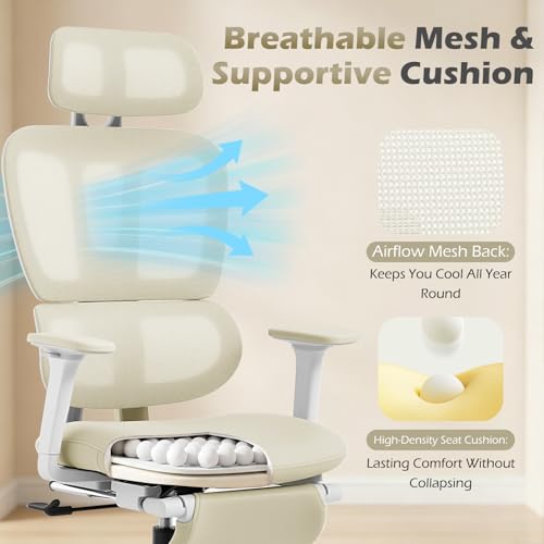 Ergonomic Office Chair with Footrest and Dynamic Lumbar Support, Cream - color: Beige