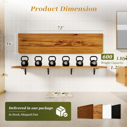Dogsky Floating Wall Desk 72" x 16" - 600 lbs Heavy Duty Solid Pine - color: Golden Brown, size: 72" x 16"