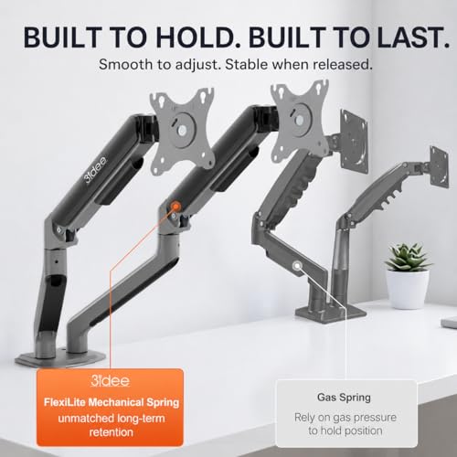 3IDEE FlexiLite Dual Monitor Arm Desk Mount for 17-32" Screens, Holds up to 20 lbs per Monitor, Slim Aluminium Design, Fully Adjustable, Quick Box to Desk Setup, Clamp/Grommet Base, VESA 75/100 - size: 2 Monitore