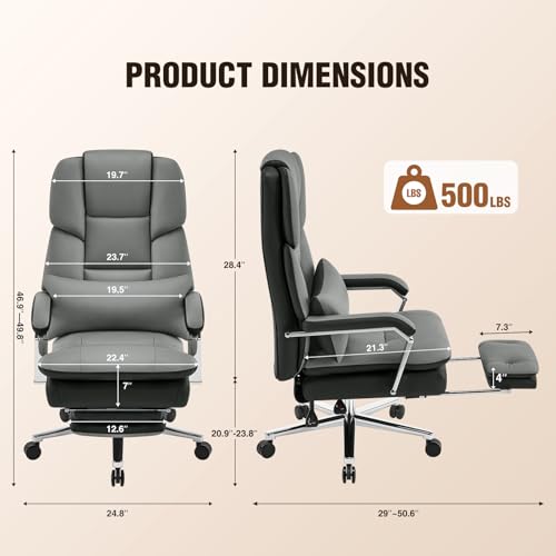 Furniliving Big and Tall Office Chair with Footrest, PU Leather High Back Executive Office Chair with Adjustable Lumbar Support, Wide Seat Reclining Desk Chair with Armrest, Height Adjustment, Grey