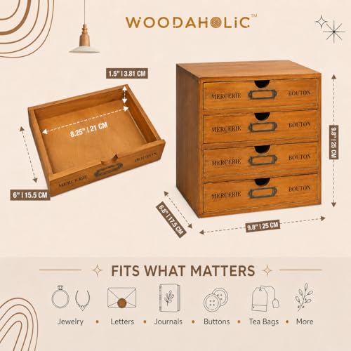 Modular Stackable Apothecary Cabinet 4 Drawer Desk Organizer - Retro Library Card Catalog Wood Storage Box - Organize Stationery, Thread Embroidery, Sewing, Crafts, Junk Drawer & Supplies Countertop - size: 4 Drawer