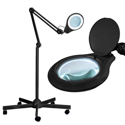 Neatfi LED Magnifying Floor Lamp 1,200 Lumens – 5” Bifocal Glass Lens, Dual Magnification 2.25X + 6X, Dimmable Task Light | Adjustable Arm, Rolling Base | Reading, Crafting & Sewing (Black, 5 Inches) - color: Black, size: 5 Inches