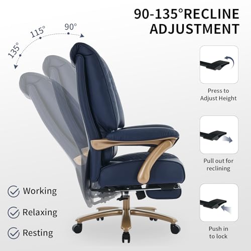 EXCEBET Big and Tall Executive Office Chair with Footrest, 400LBS Capacity Ergonomic High-Back Desk Office Chair with Lumbar Support, Padded Armrests & Thick Cushion, Blue PU Leather Chairs - color: Blue