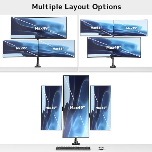 Triple Monitor Mount up to 49 inches, Fully Adjustable Heavy Duty 3 Monitor Arm with Gas Spring, Desk Mount for 3 Screens, C-Clamp & Grommet Base, Holds 44 lbs, Black - color: Black