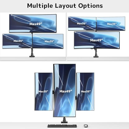 Triple Monitor Mount up to 49 inches, Fully Adjustable Heavy Duty 3 Monitor Arm with Gas Spring, Desk Mount for 3 Screens, C-Clamp & Grommet Base, Holds 44 lbs, Black - color: Black