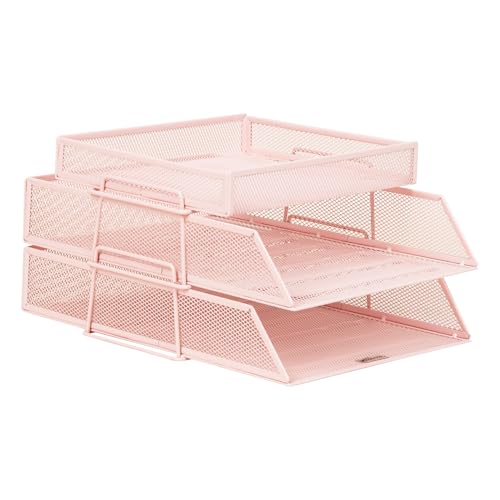 Mind Reader 2 Tier Paper Tray with Top Supply Compartment, Desktop File Organizer, Metal Mesh, Pink - color: Pink