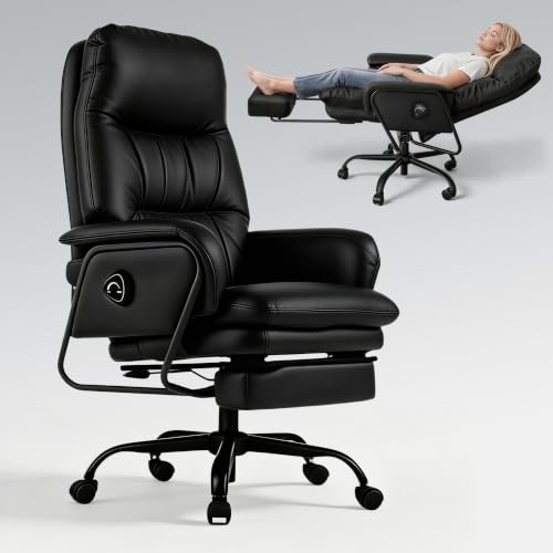 180° Reclining Office Chair with Footrest, PU Leather Desk Chair with 4-Position Backrest and Thick Cushion, Executive Computer Chair for Home Office, Work and Study,Black - color: Black