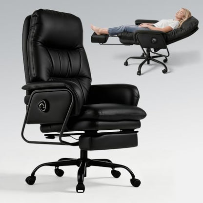 180° Reclining Office Chair with Footrest, PU Leather Desk Chair with 4-Position Backrest and Thick Cushion, Executive Computer Chair for Home Office, Work and Study,Black - color: Black