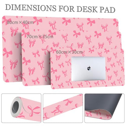 Cute Kawaii Pink Bow Extended Gaming Keyboard Mouse Pad | Non-slip Leather Home Office Desk Mat Protector - color: Pink Bow/Pink, size: L(31.5×15.7 inch)