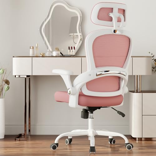 TRALT Office Chair - Ergonomic Desk Chair with Headrest Support for Adults | Home Office Desk Chair with Lumbar Support - Ergonomic Mesh Chairs 330 lb Wide Seat with Headrest, Comfy Desk Chair(Pink) - color: Pink
