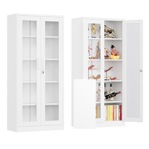 Locking Display Cabinet with Glass Door, 71”H Metal Curio Cabinets with Adjustable Shelves, White Liquor Caninet Display Case for Living Room, Collectibles, Clinic, Home - Assembly Required - color: White, size: 71"H - 2 Door