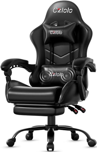 Czlolo Gaming Chair, Ergonomic Office Computer Chair with Footrest and Lumbar Support Massager High Back Video Gamer Chair, Wide＆Thick Cushion, 90°-135° Recline, Adjustable Height, Carbon Black - color: Carbon Black