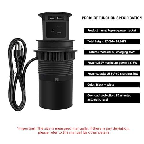 7-in-1 Pop Up Outlet with 15W Wireless Charger,3.86 inch Hole; 4 Outlets 1875W Overload Protection, USB-A,USB C Ports PD 20W,6.5FT 16AWG Cable UL Testing for Office Home -Black - color: Super charging-black
