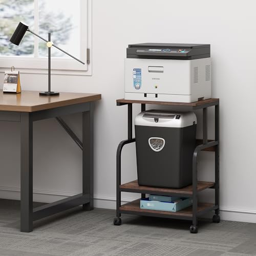 Fannova Printer Table Stand with Height Adjustable Shelf, 3 Tier Rolling Printer Cart with Wheels for Home Office Storage and Organization, Industrial Style - color: Rustic Brown
