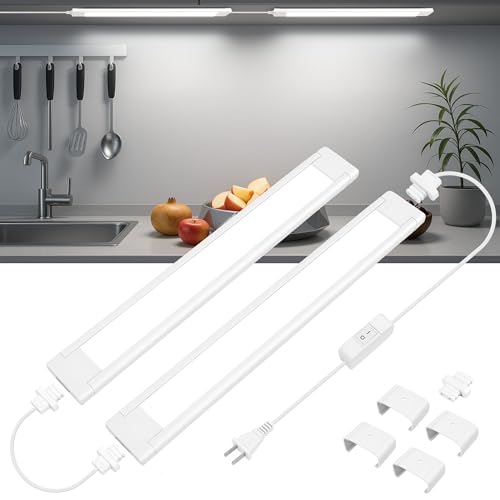 maylit 2 Pcs 14-Inch Linkable Plug-in Under Cabinet LED Light Bars | Ultra-Bright Cool White Wired Lighting for Kitchen Cabinets, Counters, Workbenches, Desks and Shelves - color: White, size: 2 Pack