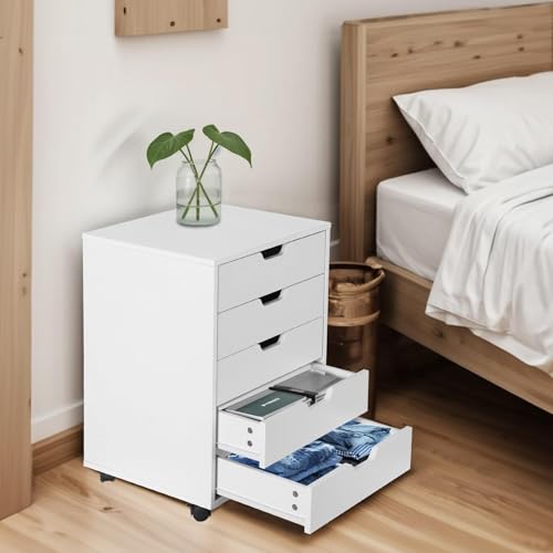 Nouva 5-Drawer File Cabinet Chest - Vertical Mobile Filing Cabinet w/Wheels,Under Beside Desk Chest Storage Printer Stand for Home Office,White - color: White