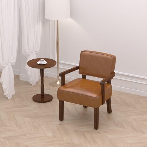 FAGAGA Faux Leather Accent Chair, Mid-Century Armchair with Wood Frame | Upholstered Living Room Chair, Comfy Reading Chair for Bedroom, Waiting Room, Home Office, Easy Assembly, Brown - color: Faux Leather Brown, size: One Chair