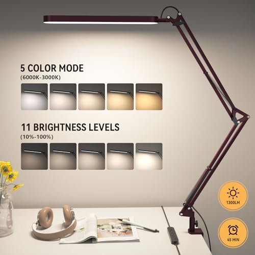 SKYLEO Desk Lamp - LED Desk Light - 5 Color Modes X 11 Brightness Levels - Adjustable Swing Arm - Timmer & Memory Function - 12W Lamp for Desk - Red - style: Red swing arm