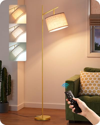 EDISHINE 64.7IN Modern Floor Lamps for Living Room, Dimmable Arc Floor Lamp with Remote, 5CCT & Foot Pedal Switch, Minimalist for Bedroom, Bulb Included, Gold - color: Gold Linen