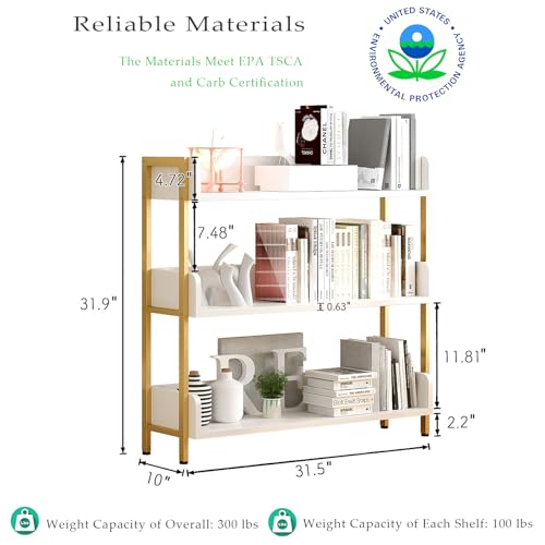 OSCHF Wide Open Shelf Bookcase, 3-Tier, White with Gold Frame - size: 3-Tier