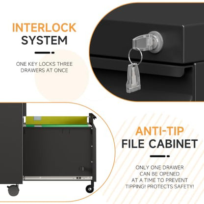 Bestoo File Cabinet,Filing Cabinet with Lock, Metal File Cabinet (Black, 2Drawer-Mobile-26.5" H) - color: Black, size: 2Drawer-Mobile-26.5"H