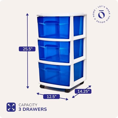 HOMZ Drawer Tower, 3-Tier Storage Cart with Removable Wheels, White Frame - color: White Frame/Blue Drawers, size: 1 Pack