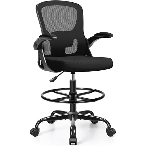 Drafting Chair Tall Office Chair for Standing Desk - Ergonomic Computer Work Stool with Flip-up Arms, Foot Ring & Adjustable Lumbar Support. Ideal for Studio, Artist, Engineer, & Study (Black)