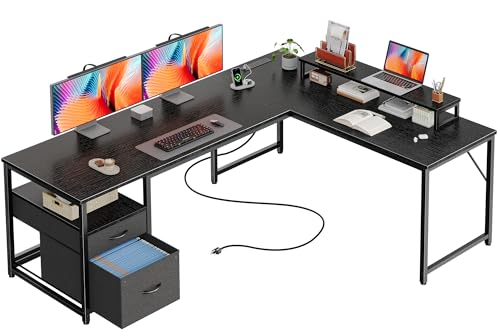 63 Inch L Shaped Desk with Power Outlets and USB-C Port, Computer Corner Home Office Desk with File Fabric Drawers and Movable Monitor Stand, Larger Storage, Gaming, Writing, Work, Black - color: Black, size: 63 inch