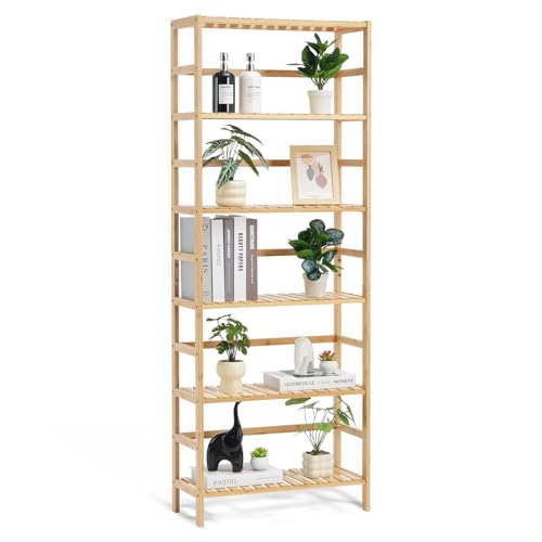 VEVOR 6-Tier Bamboo Shelf, Open Wood Bookshelf, Display Storage Rack Organizer, Freestanding Flower Plant Stand, Multifunctional Bamboo Bookshelf Ideal for Bathroom, Bedroom, Office, Study, Natural - style: 6-Tier