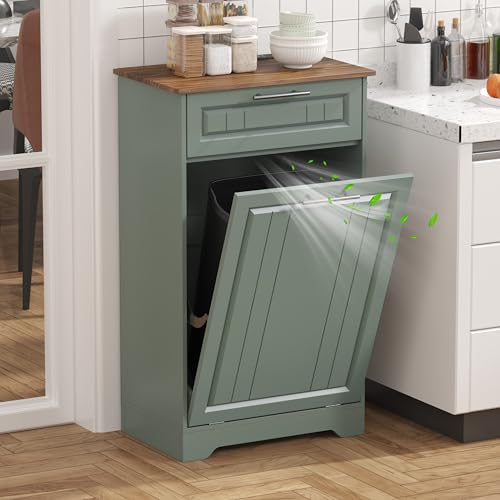 Single 10 Gallon Tilt Out Trash Can Cabinet with Deodorizing Function, Wooden Hidden Garbage Can Holder with Storage Drawers for Kitchen and Dining Room, Laundry Hamper Cabinet for Bathroom, Green - color: Green, size: 13.11"D x 20.91"W x 35.2"H(Single)
