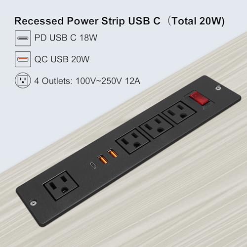 Desktop Recessed Power Strip USB C (Fast Charge 20W),Mounted Desk Plug in Extension Cord 4 Outlets (1 Extra Wide Space) w 3 USB Ports (w Switch) for Conference Counter Table Couch.