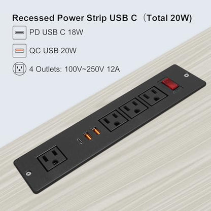 Desktop Recessed Power Strip USB C (Fast Charge 20W),Mounted Desk Plug in Extension Cord 4 Outlets (1 Extra Wide Space) w 3 USB Ports (w Switch) for Conference Counter Table Couch.